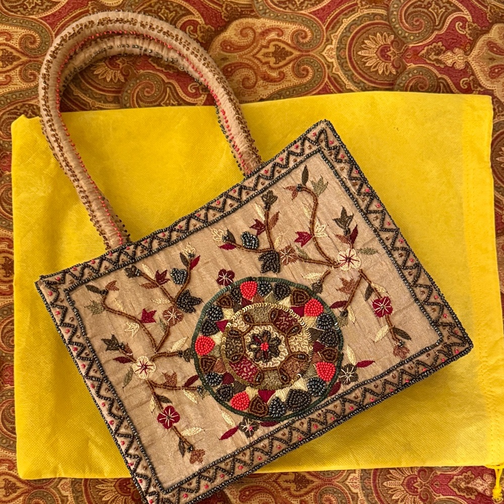 Embroidered Beige and Red Tote Bag